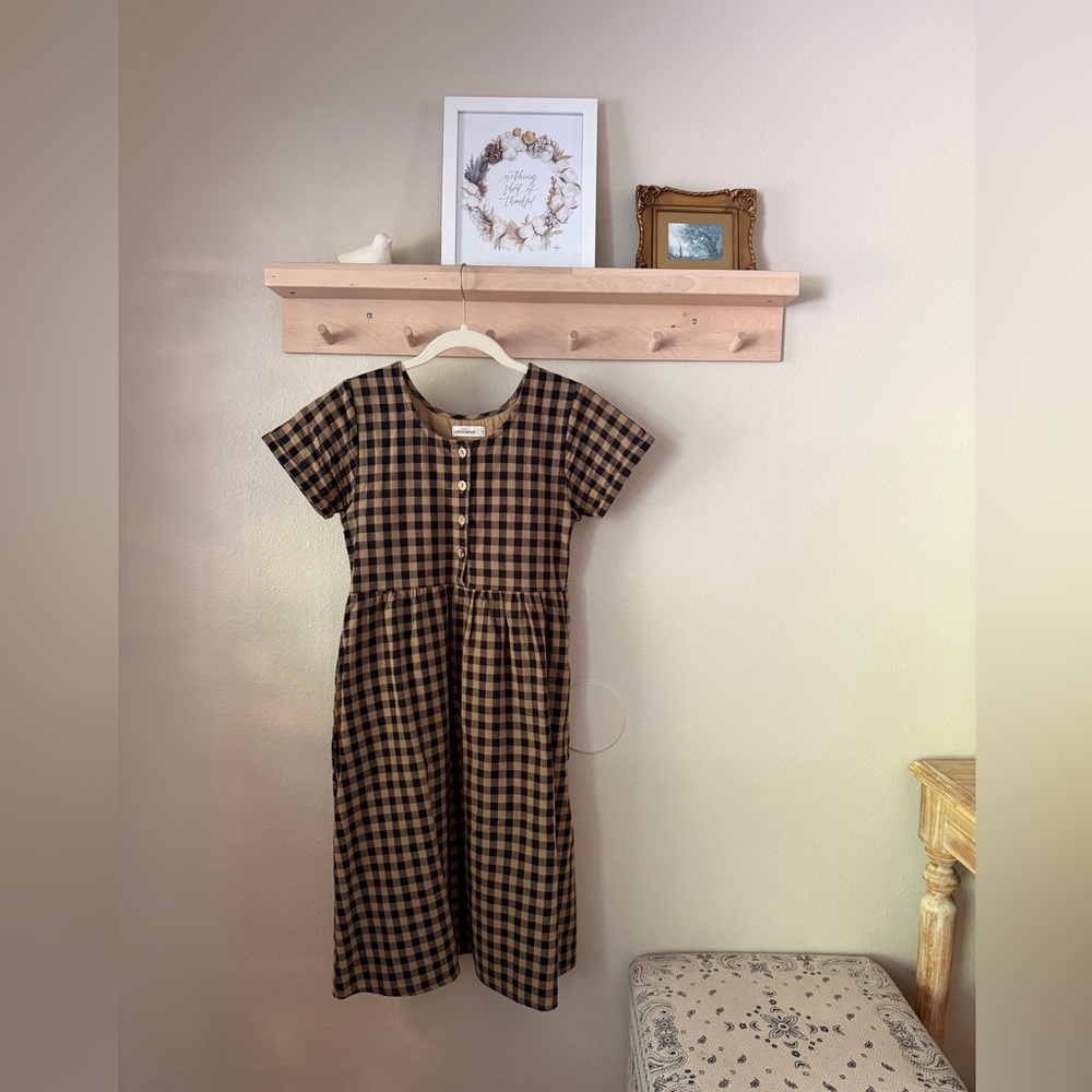 Little Cottonwood Checkered Linen Dress in brown and cream gingham